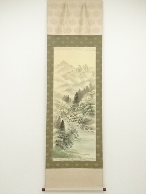 水野鳳起筆　淡色山水　肉筆絹本掛軸